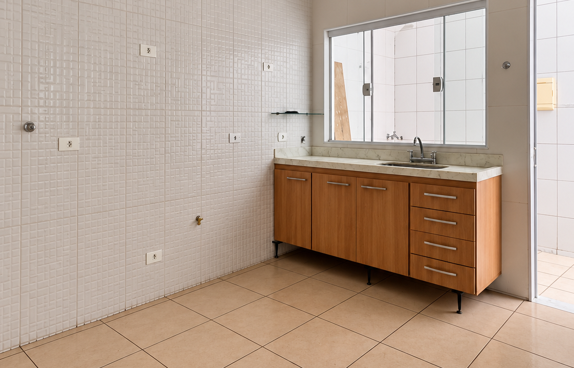 Cozinha de Azulejos com Armários de Madeira